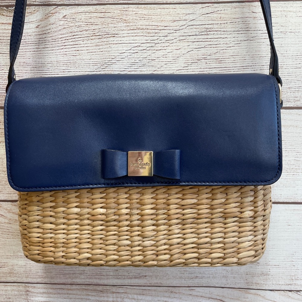 KATE SPADE NEW YORK VIA LIMONI CLARA CROSSBODY IN STRAW AND NAVY BLUE LEATHER - Picture 3 of 16